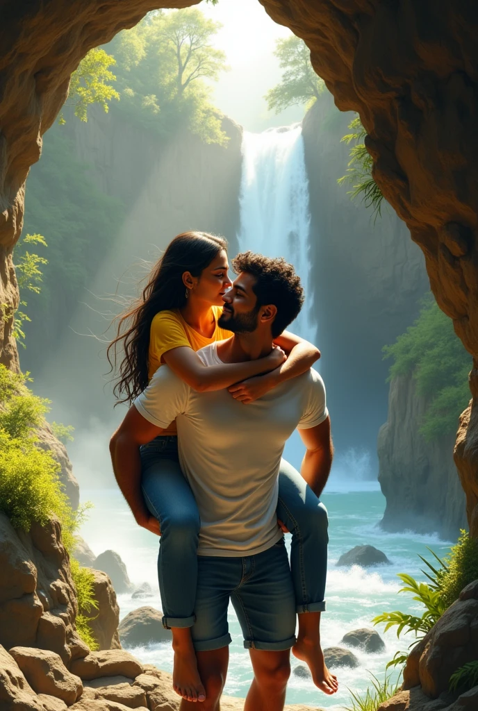 Indian 25 year old girl lifted by 35 year old indian handsome man on his back. Girls wears yellow tshirt and jeans and man wears white tshirt. They both are near the cave near the waterfall.