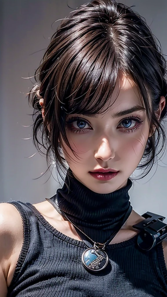 ((Beautiful Face:1.4)),cyber punk edgerunners, One person, Nozomi (cyber punk), Exposing shoulders, blue eyes, chest, leotard, View your viewers, medium chest, Off the shoulderジャケット, Off the shoulder, Red eyeliner, short hair, sleeveless turtleneck leotard, alone, turtleneck leotard, Gray Hair, ((masterpiece)) (Highest quality, masterpiece),((Saggy big breasts))