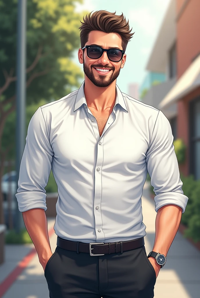 personagem de desenho animado, homem de 28 anos com cabelo raspado curto, barba grande, orelha pequena e nariz arredondado, cabe um pouco grande e orelha pequena, brown glasses and eyes, White polo blouse with khakis and brown boots in front of a white brick wall with wooden floors
