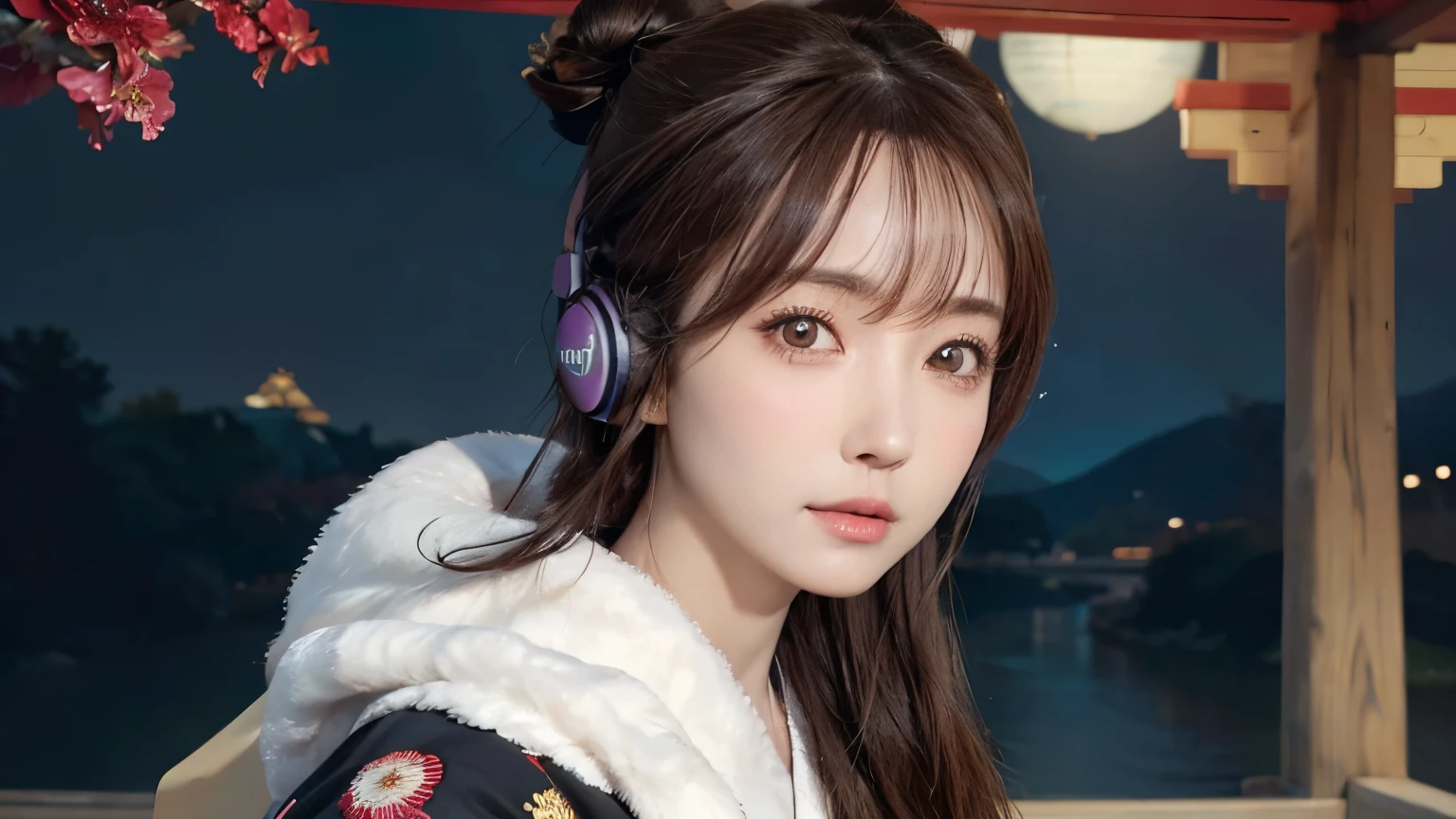(Highest quality, 8k, masterpiece, High resolution), (whole body), Vibrant colors, ((headphones)), Brown-black bob, Traditional topknot, Ample breasts, (Highly detailed face and eyes, Beautiful Face, Beautiful Eyes, Beautiful nose, Pretty lips), Official Art, Ukiyo-e style, (Beautiful woman in kimono), (Vivid floral patterned kimono), background, river, bridge, Mountain, wood, Starry Sky, moon, Detailed CG,
