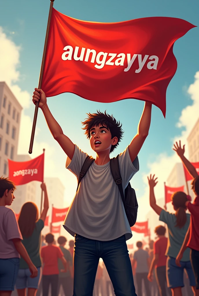AungZayYa စာတန်းပါ​သောအလံကိုင်ထားတဲ့လူငယ်တစ်​ယောက်