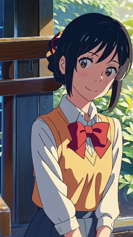 (1girl, solo, highly insanely detailed, masterpiece, top quality, best quality, highres, 4k, 8k, RAW photo),((innocent look)),((Childish)),From the front, symmetrical composition,smile,cute,Innocent,Kind eyes, kotonoha no niwa, park,flowers,lawn,trees, The Garden of Words, (miyamizu_mitsuha,1 girl,solo), upper body, looking at viewer,red bowtie,yellow school uniform,white t-shirt,black school skirt,
