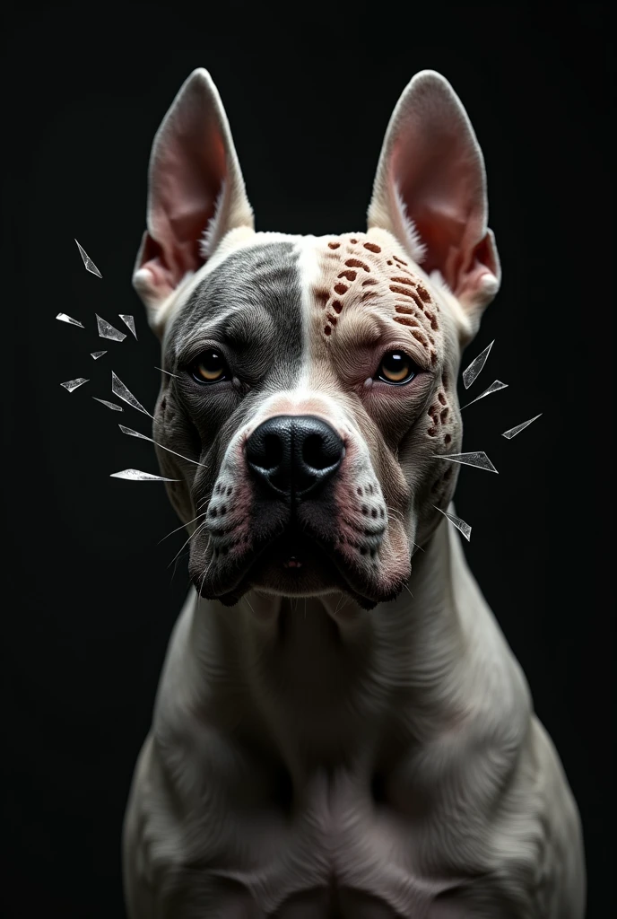 Image of an American Bully XL breed dog with a palette of 4 colors, with a half face skeleton design, make it look realistic, with broken glass details, on black background