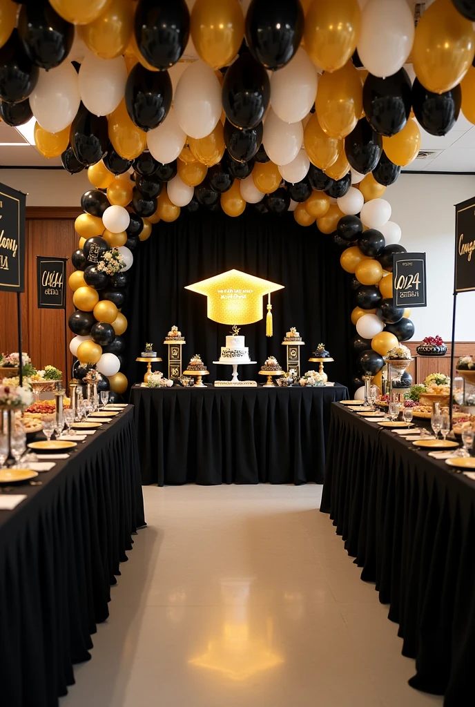 party room to celebrate the themed graduation of a medical doctor, with a black background fabric that has a design of a gold graduation cap in the center and below the design, is the word My Graduation and below the year 2024, to the side an arch of balloons in black, gold and white, in front a dessert table with various types of sweets and a cake in the center, on the sides of the main table, a tower of balloons in black, gold and white and at the top hang on both sides some welcome door banners with a black background, which say in white and gold letters 2024 and a folded diploma at the top and the other says Congratulations with a gold graduation cap at the top top, next to this table, place a table with a white tablecloth and its food warmers for the buffet, in the rest of the room place 6 large tables, some with black, white and gold tablecloths, 60 chairs, 10 for each table , each table with its centerpiece made of 7 balloons tied to a plastic support base of individual tubes and 2 black balloons and 3 gold balloons, and 2 transparent balloons with gold confetti inside the balloon, each centerpiece around the balloons It has a strip of yellow LED lights, on the ceiling it places white, black and gold balloons with various graduation designs and with gold, black and white ribbons hanging down and all the balloons glued to the ceiling.