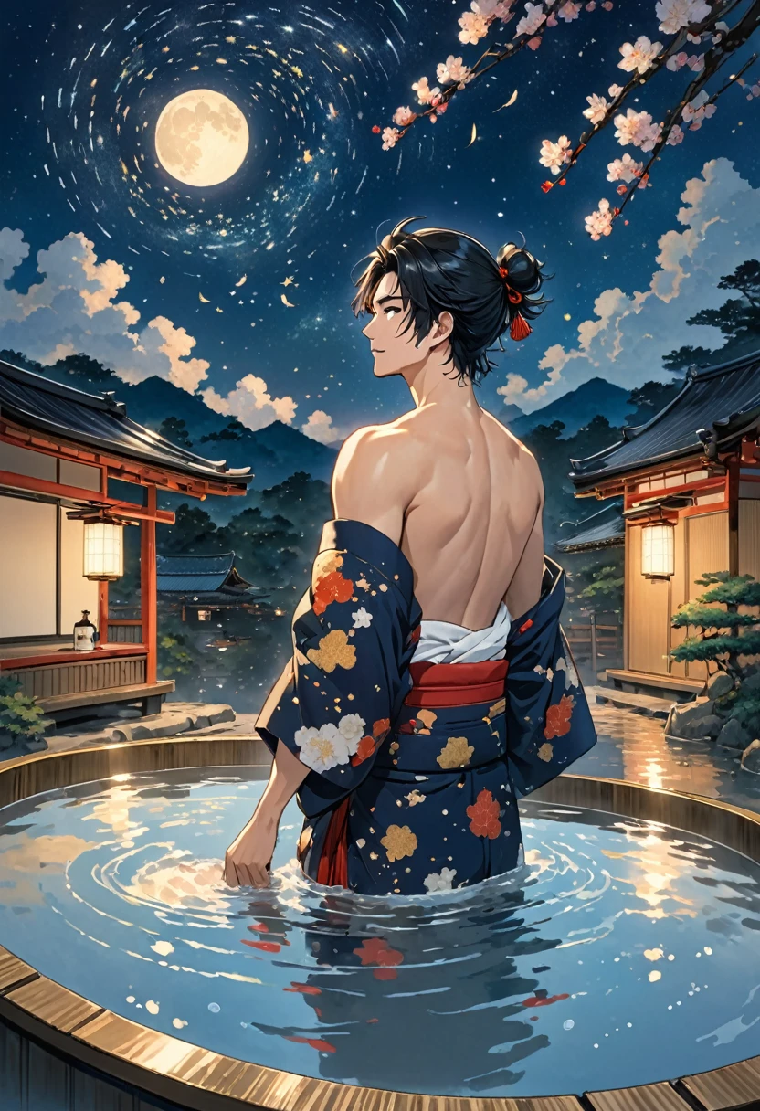 A slim man bathing in a Goemon bath、Under a star-filled sky、Holding a bottle of shochu in one hand、Notes flying around、Turning his back