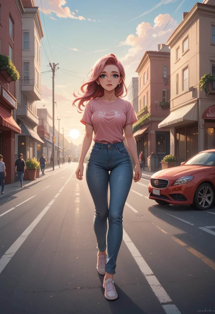 A vision flow of a beautiful woman walking down a street, her pink t-shirt and faded blue jeans illuminated by the sun, a red car passing in the background, and a world of shimmering light.