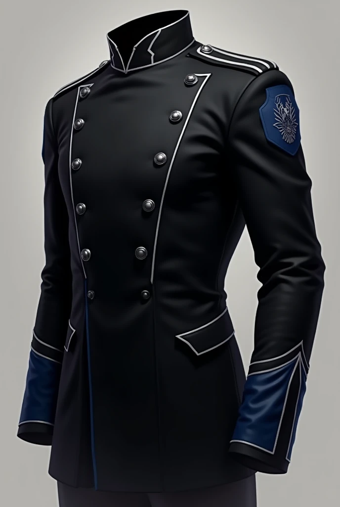 Generates a full dress warband uniform with a black jacket with grey details on the collar and navy blue details on the sleeves