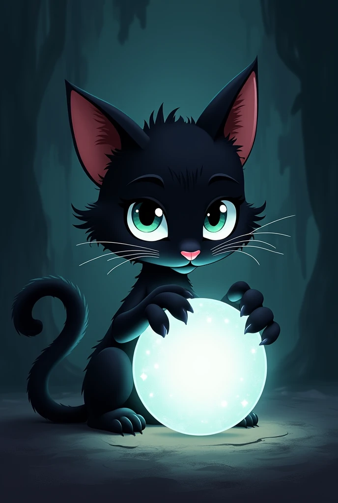 Black cat cartoon character, white crystal ball, black tone, charming and mysterious.