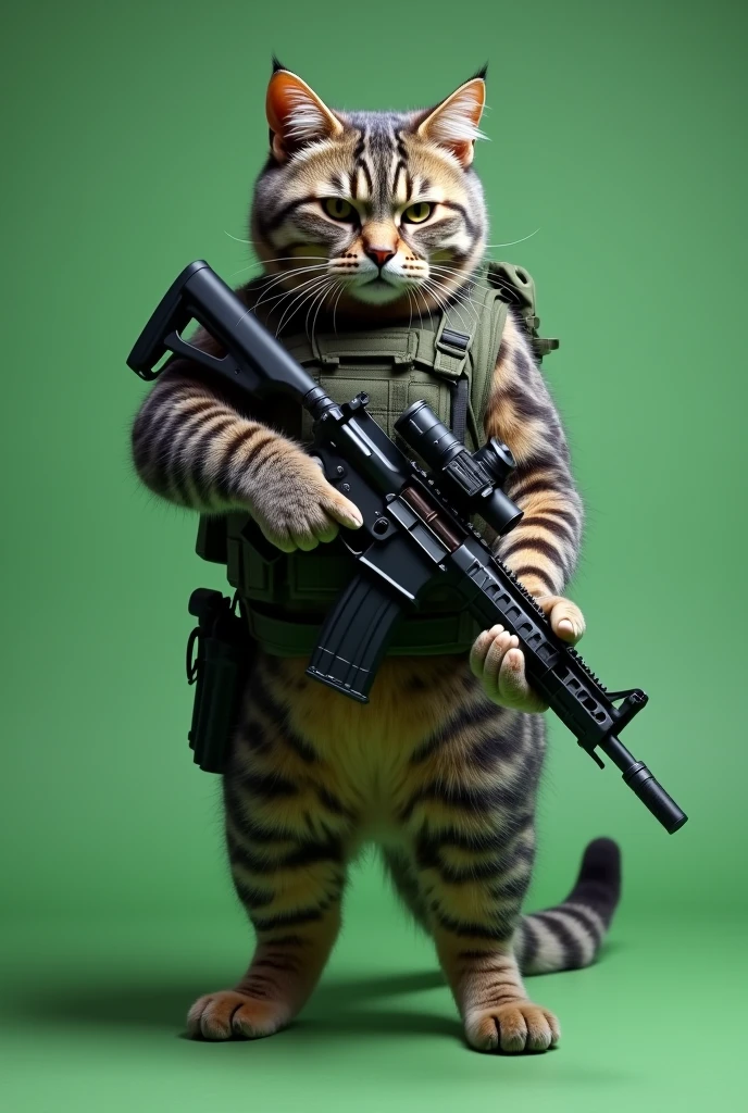 A soldier cat standing with a gun in his hand with plain green screen background