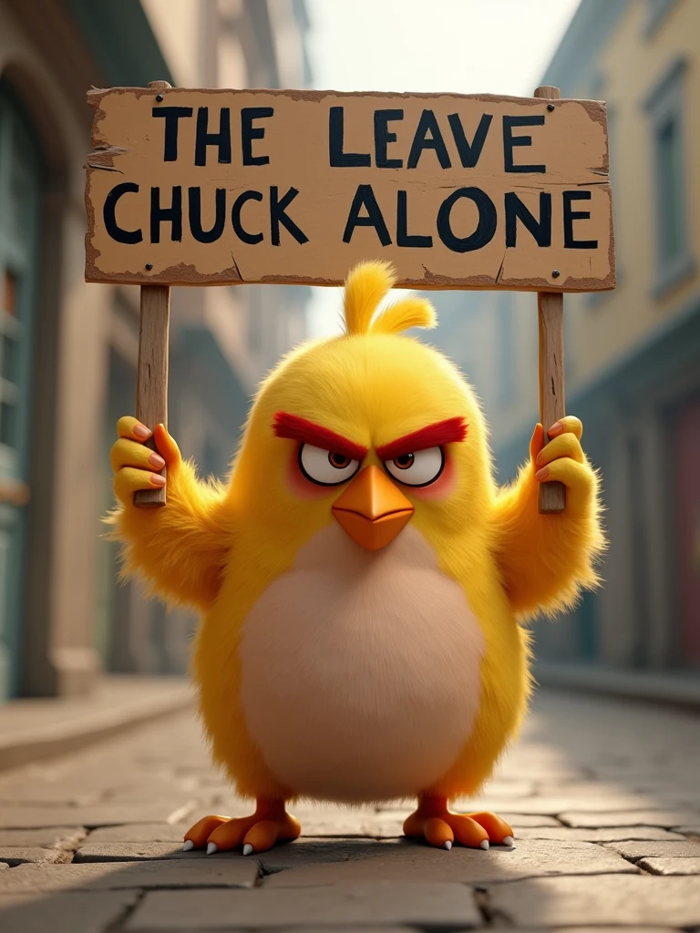 Create a meme featuring the Angry Bird character Chuck looking angry. In the video, Chuck should be holding a sign that reads 'Leave Chuck Alone' with a fierce yet humorous expression. Add animations that show Chuck with narrowed eyes, fluffed-up feathers, and possibly a slight screen shake to emphasize his anger. unreal 5 engine rendered, cinematic render unreal engine, unreal engine cinematic, cinematic unreal engine, unreal 6 breathtaking detailed, realistic unreal engine 3 d game, cinematic smooth unreal engine, rendered unreal engine 5, rendered in unreal 5, unreal engine realistic render, highly realistic unreal engine