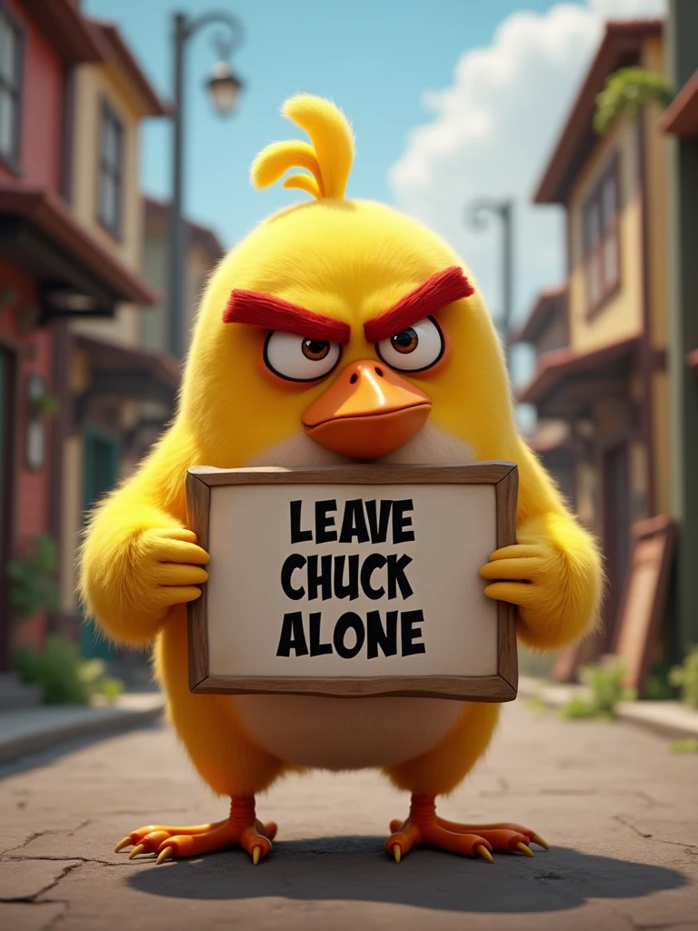 Create a meme featuring the Angry Bird character Chuck looking angry. In the video, Chuck should be holding a sign that reads 'Leave Chuck Alone' with a fierce yet humorous expression. Add animations that show Chuck with narrowed eyes, fluffed-up feathers, and possibly a slight screen shake to emphasize his anger. unreal 5 engine rendered, cinematic render unreal engine, unreal engine cinematic, cinematic unreal engine, unreal 6 breathtaking detailed, realistic unreal engine 3 d game, cinematic smooth unreal engine, rendered unreal engine 5, rendered in unreal 5, unreal engine realistic render, highly realistic unreal engine