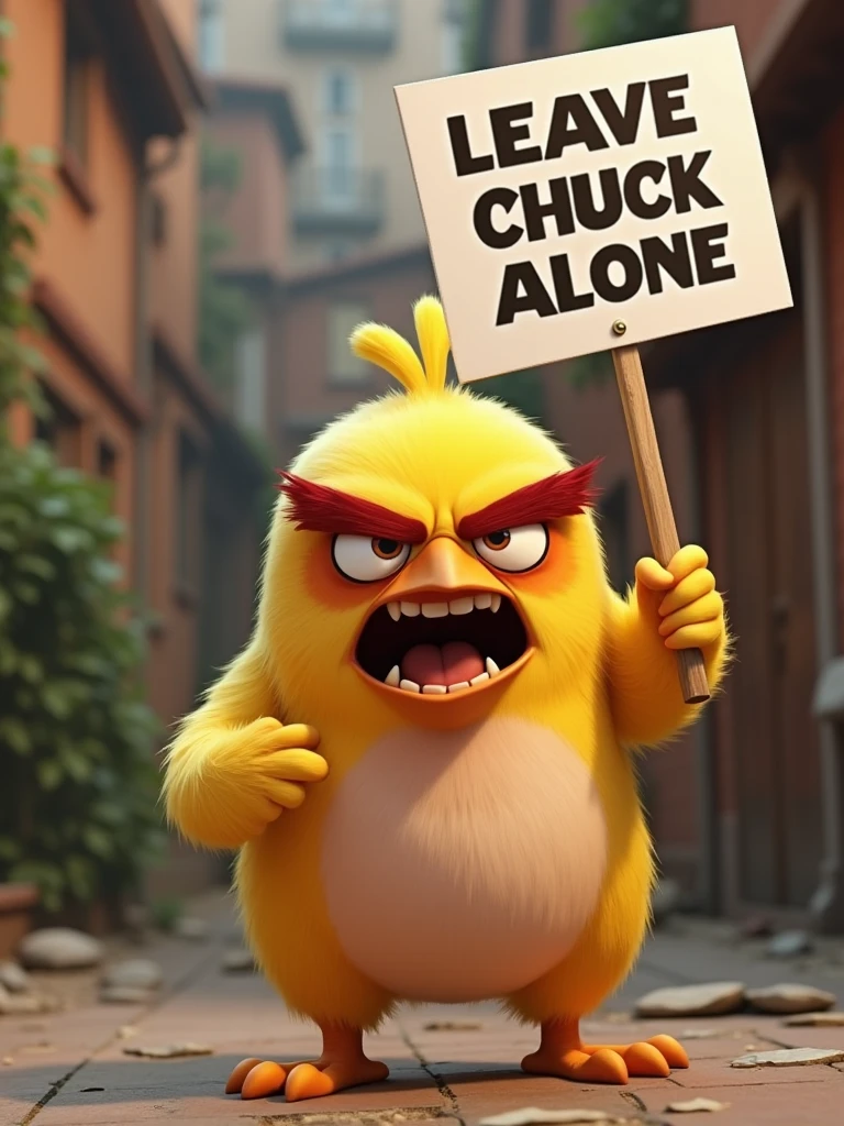 Create a meme featuring the Angry Bird character Chuck looking angry. In the video, Chuck should be holding a sign that reads 'Leave Chuck Alone' with a fierce yet humorous expression. Add animations that show Chuck with narrowed eyes, fluffed-up feathers, and possibly a slight screen shake to emphasize his anger. unreal 5 engine rendered, cinematic render unreal engine, unreal engine cinematic, cinematic unreal engine, unreal 6 breathtaking detailed, realistic unreal engine 3 d game, cinematic smooth unreal engine, rendered unreal engine 5, rendered in unreal 5, unreal engine realistic render, highly realistic unreal engine