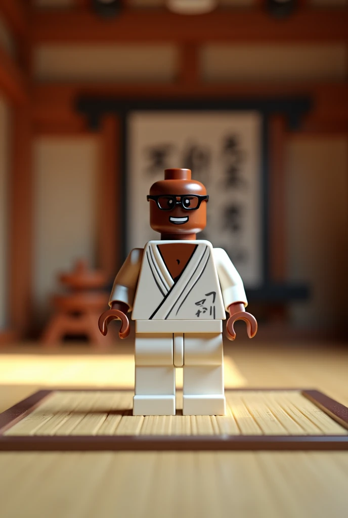 Create a lego doll standing in a judo dojo, with dark skin color and wearing black glasses. He is bald and dressed in a white judo kimono. He is standing on the mat, with his arms half open and his hands positioned in front of his body.