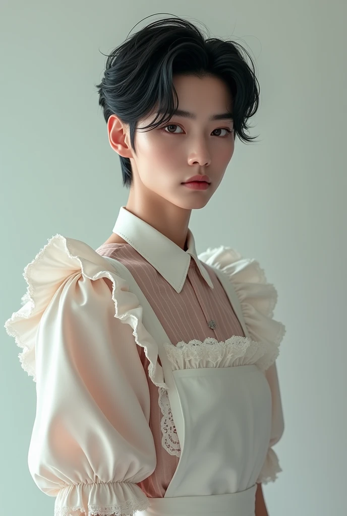 Mingyu from the kpop group called seventeen with black hair and wearing a maid outfit