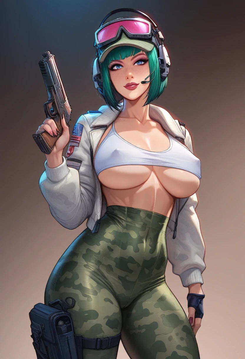 score_9,score_8_up,score_7_up,score_6_up, easynegative, 1girl, upper body, confident smile, Ela \(Rainbow Six Siege\), ela, ela \(Rainbow Six Siege\ official art, detailed, masterpiece, (1girl), fit female, beautiful face, mature, extremely detailed, high quality face, alluring face, ela, green hair, lip filler, plump lips, round breasts breast implants, spherical boobs, bulging breast implants, nipple bulge, tiny waist, fit thighs, bubble butt, posing, passing with gun, holding gun, Bob cut,full body, (camouflage leggings:1.2), (camo baseball hat:1.3), military, headset, bag, uniform, holster, goggles, headphones, jacket, hood, military uniform