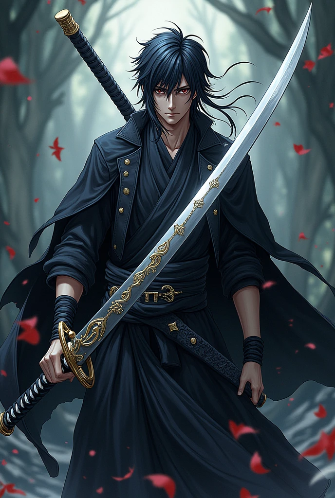 Create a portrait image of a zanpakuto, A dual-bladed weapon with one side resembling a traditional katana and the other a bladed chain. The chain can extend and retract, giving the weapon versatility in both close and ranged combat.