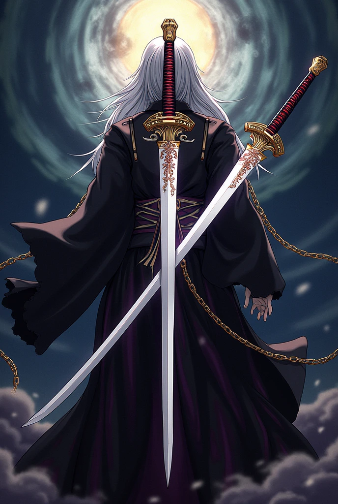 Create a portrait image of a zanpakuto, A dual-bladed weapon with one side resembling a traditional katana and the other a bladed chain. The chain can extend and retract, giving the weapon versatility in both close and ranged combat.