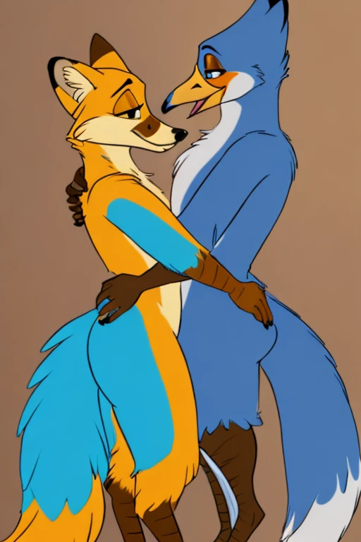 Female brown anthropomorphic fox falls in love with large yellow and orange beaked anthropomorphic blue bird