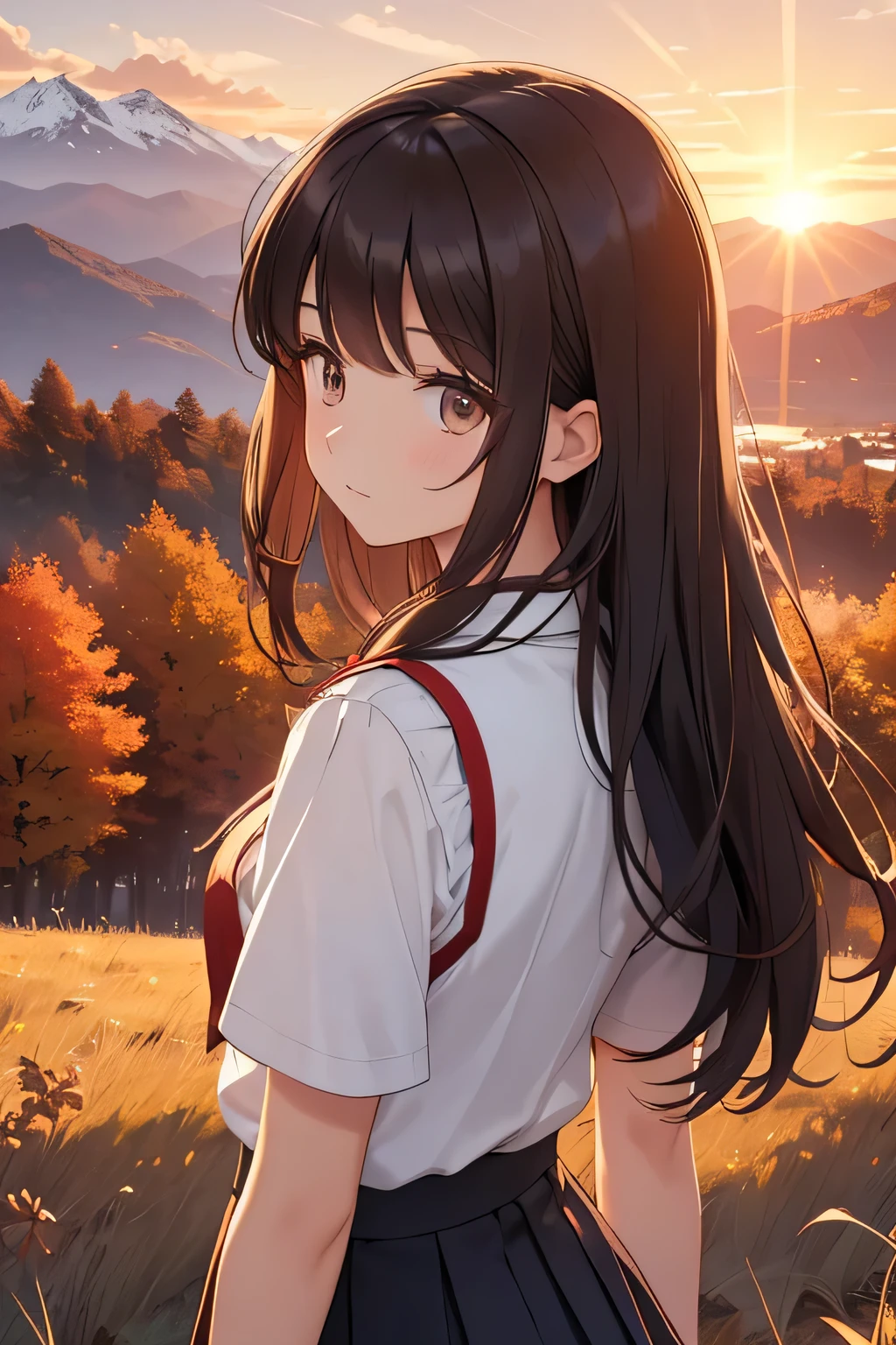 until, high quality, alone girl, half body, close up of face, Long hair, mid back, dark brown, fringe on one side, classroom eyes, beautiful face, somewhat serious look, Serena, as if showing something in the distance, knew, White school blouse, short sleeve, Red vest with yellow buttons, white pleated miniskirt, the sunlight shines on his back, background, Panoramic view of a cabin in the distance in the middle of a grassy plain, covered by mountains in the background, evening sunset, with sky in orange tones, autumn afternoon, Beautiful landscape