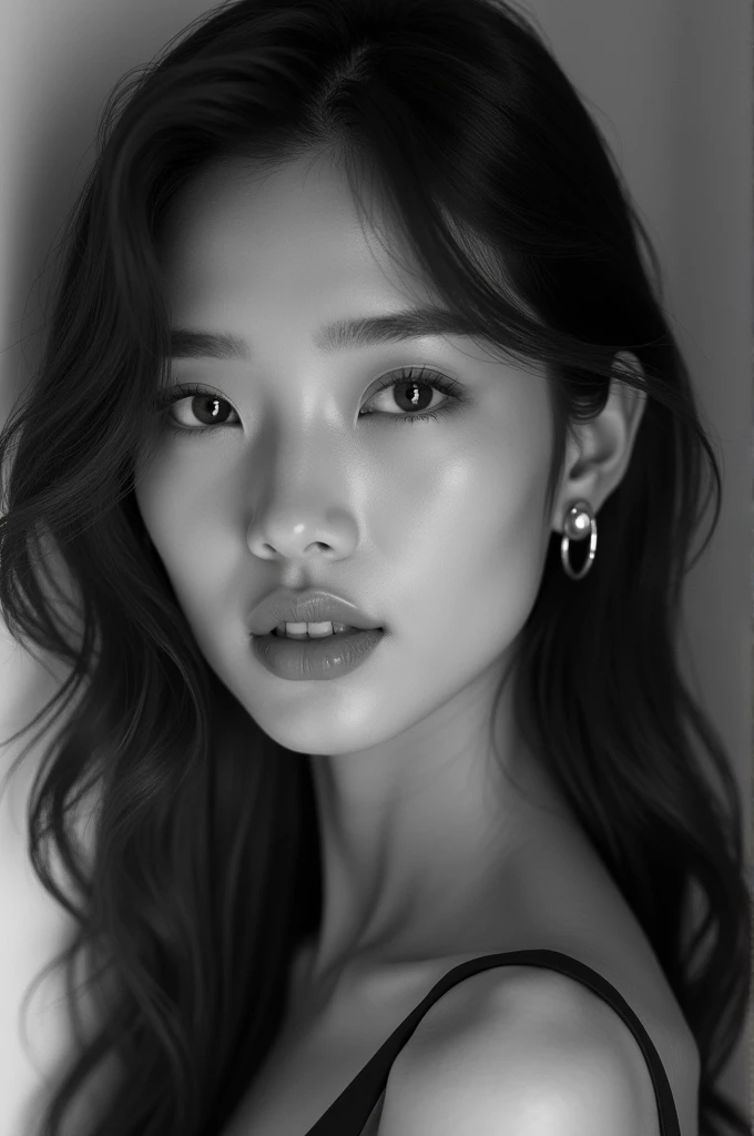Here’s a prompt for generating a black-and-white realistic portrait of an Asian woman in a Korean-style model aesthetic:

"A realistic, black-and-white portrait of an Asian woman with a soft and elegant Korean model aesthetic. The woman has smooth, flawless skin, with delicate features including almond-shaped eyes and full lips. Her hair is styled in a sleek, modern fashion, either loose or slightly tousled. The black-and-white tones emphasize the contrast and shadows, creating a moody and sophisticated atmosphere. The background is simple and unobtrusive, keeping the focus on her face and the subtle play of light and shadow across her features."