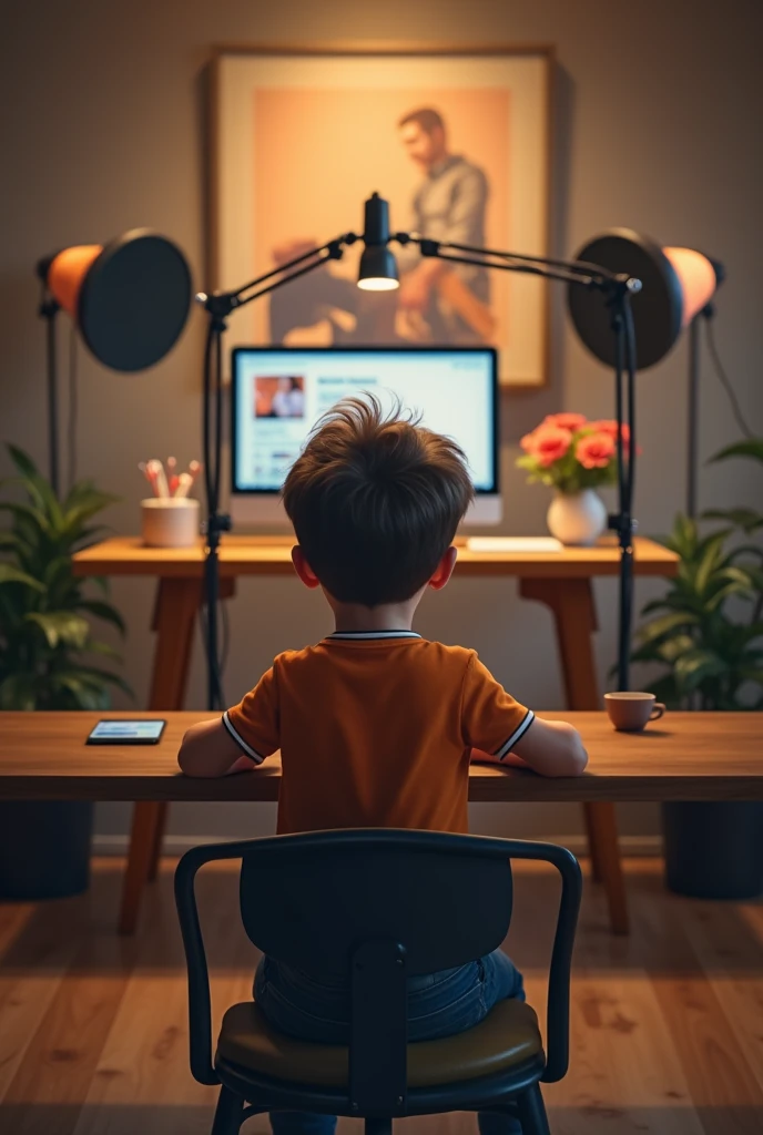 I need a studio with table with a mic and computer and a boy is setting Infront of table and talking to the audience another this Image from front