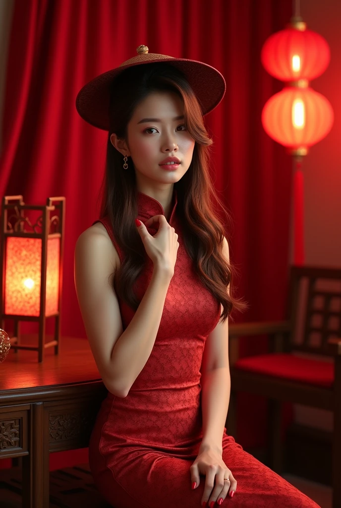 brown haired female model wearing stylized costume from Vietnamese pho. impressive style. wearing conical hat. ao tu than. knee length dress. luxurious setting, red curtain interior, wooden table and chairs, red lantern, beautiful light