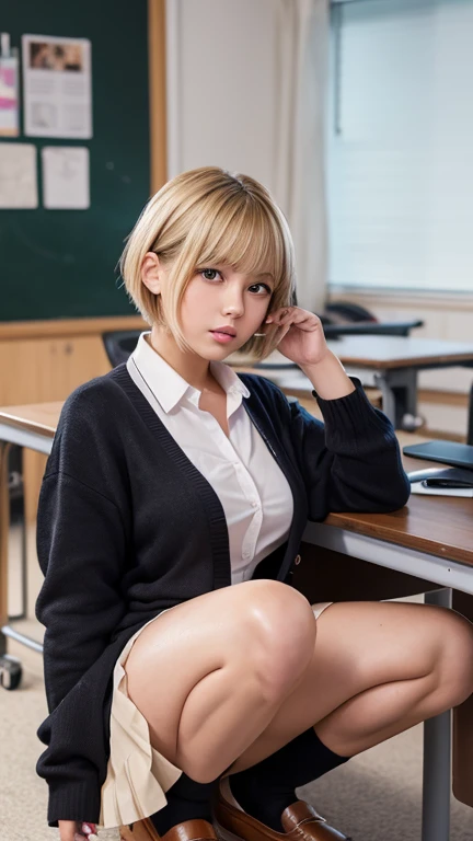 Fascinating anime, [ 4K Digital Art ]!!,Hyperrealistic painting, Art with attention to detail, 8K high quality, detailed art,Curvy Tanned Gal,(puppet,Thick lips:1.2),Dress shirt,cardigan,,Side details,Pleated skirt,Brown Loafers,Blonde Short Hair,(Dark Skip:1.3),loose socks,Sweaty,close,Squatting on a desk,In the classroom,(Blushed),、((Spread your legs、Panties in full view))