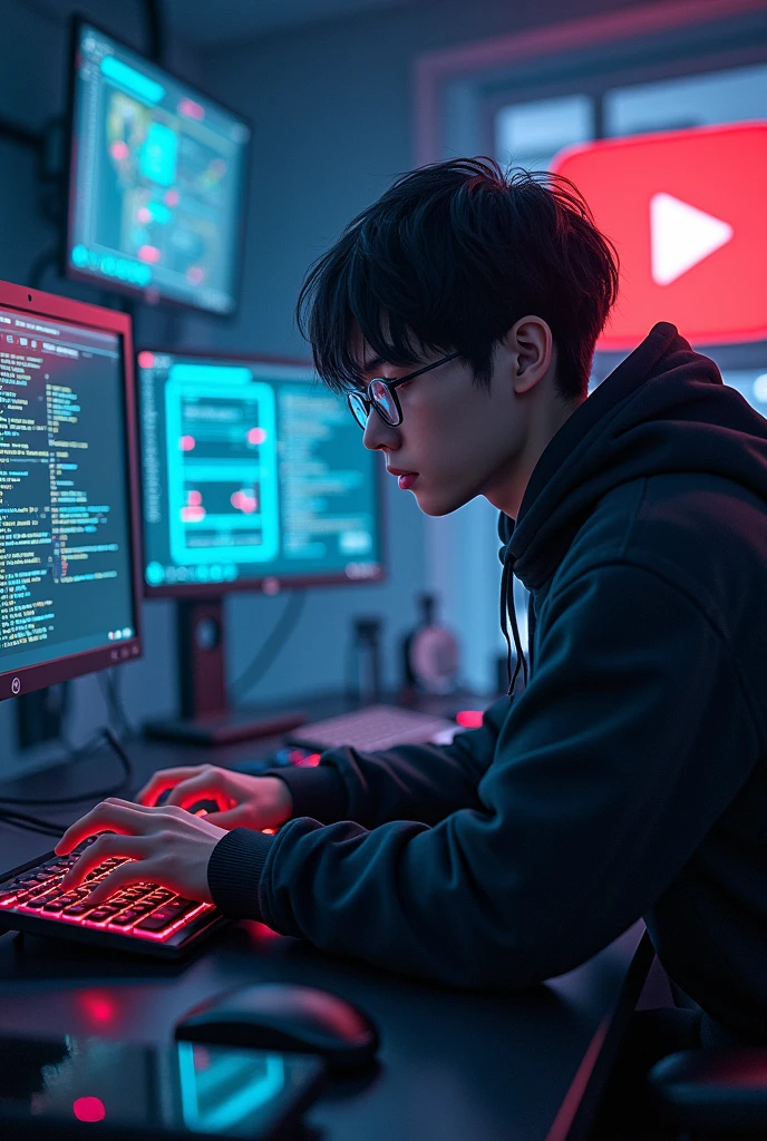 Create a hacker anime youtuber sitting on the computer chair,
Background, (Sam tech yt) youtube logo top side