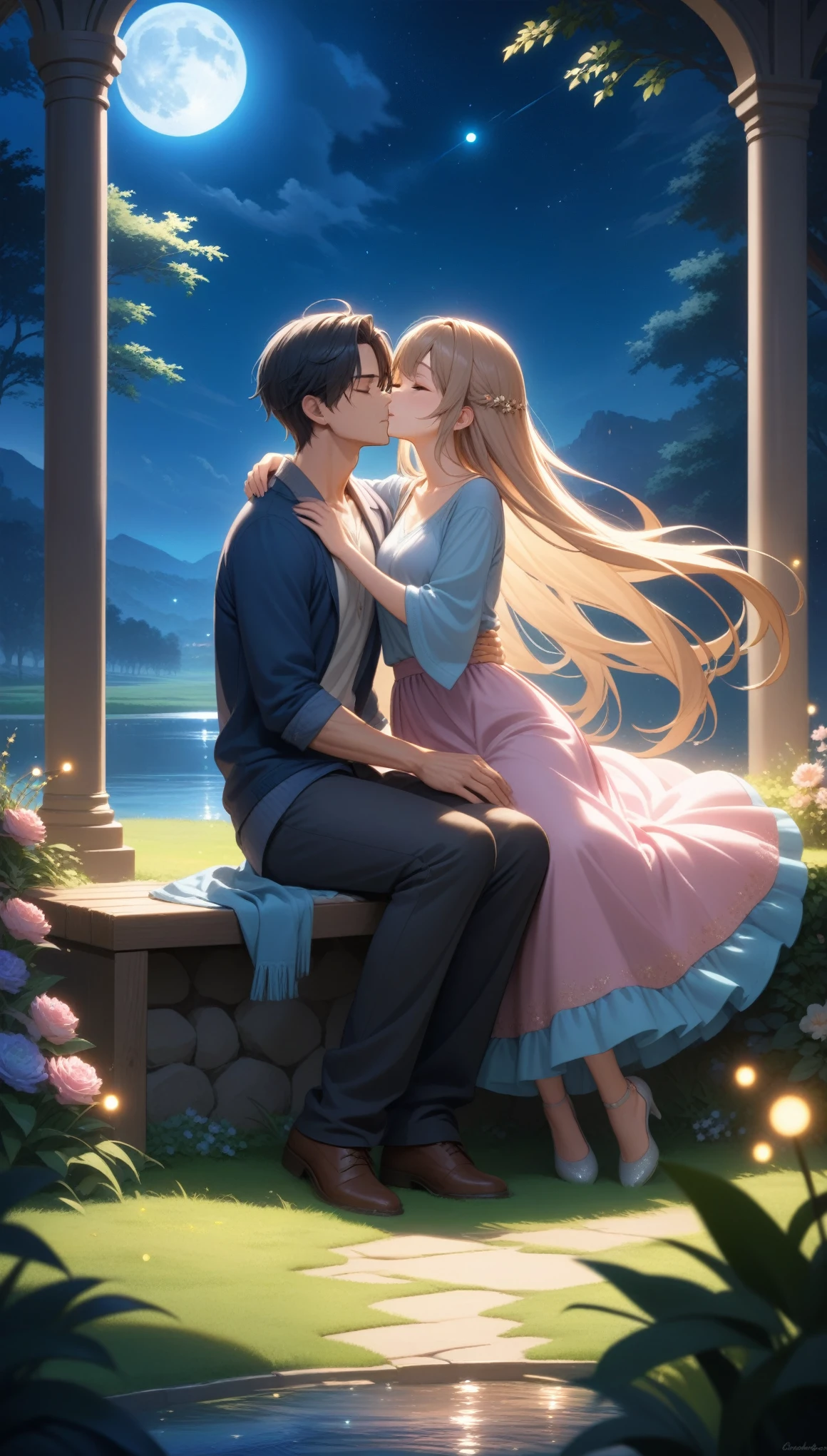 Masterpiece, Best Quality, Ultra-Detailed, High Definition, HDR, Cinematic Lighting, Vibrant Colors, BREAK, Scene: A romantic and serene night under the stars, where a young man and woman are sitting close together, side by side, on a hill or a bench. The woman is gently resting her head on the man’s shoulder, and they are both gazing up at the full moon in the sky, BREAK, The man is dressed in a casual yet stylish outfit, with a soft, warm sweater or jacket. He has a calm and content expression, looking up at the moon. The woman is wearing a beautiful, flowing dress, with her long hair gently blowing in the breeze. Her eyes are closed, and she has a peaceful smile as she rests her head on his shoulder, BREAK, Pose: They are sitting close together, with their backs facing the viewer, creating a sense of intimacy. The woman’s head is resting on the man’s shoulder, and his arm is gently wrapped around her waist or resting on her shoulder, BREAK, The night sky is filled with twinkling stars, starry sky,and a large, bright full moon is shining down, casting a soft, silver glow over the scene. The landscape is calm and peaceful, with rolling hills,a tranquil lake, or a quiet garden surrounding them. There might be subtle details like fireflies glowing in the distance, adding to the magical atmosphere, BREAK, Soft, gentle moonlight illuminates the scene, creating a dreamy and romantic ambiance. The shadows are soft, and the light enhances the contours of the characters and the surrounding nature, adding depth and warmth to the scene, BREAK, The scene is filled with small, delicate details like the gentle sway of grass in the breeze, the shimmer of the moonlight on the water, or the subtle sparkle of the stars. The background has a sense of calm and serenity, with the moon and stars providing the perfect backdrop for this intimate moment, BREAK, Romantic, Peaceful, Intimate, Dreamy, with a feeling of warmth, love,