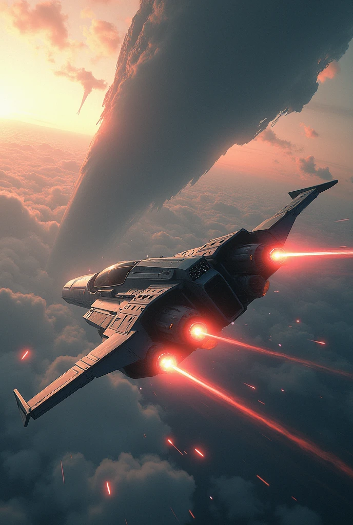 The spaceship is speeding through the planet's atmosphere., with the shadow of the big Monster still following at incredible speed.