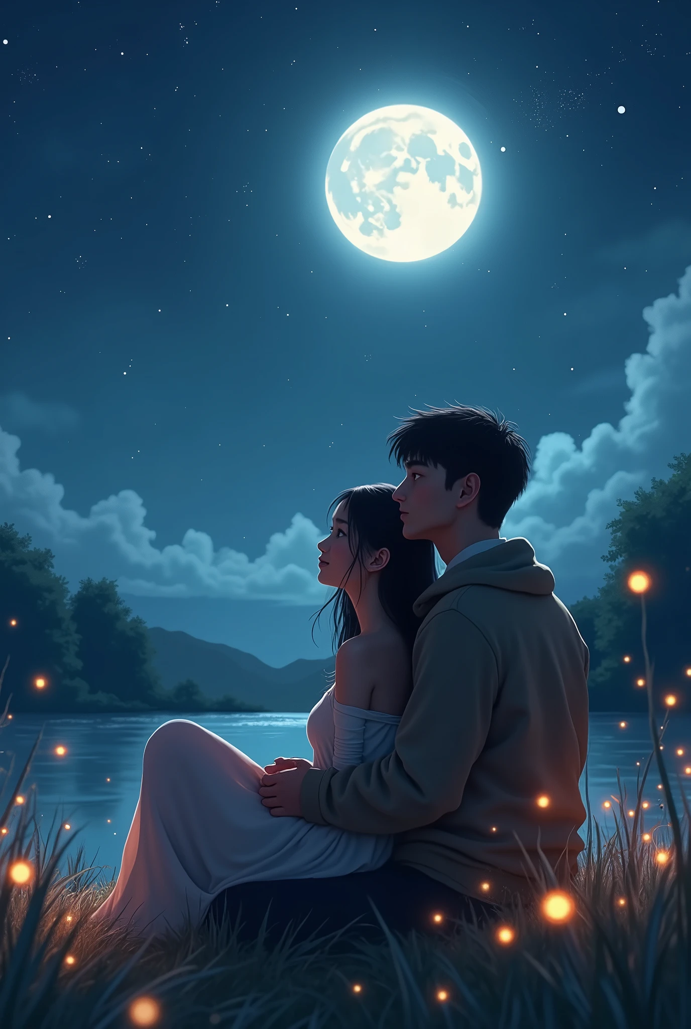 Masterpiece, Best Quality, Ultra-Detailed, High Definition, HDR, Cinematic Lighting, Vibrant Colors, BREAK, Scene: A romantic and serene night under the stars, where a young man and woman are sitting close together, side by side, on a hill or a bench. The woman is gently resting her head on the man’s shoulder, and they are both gazing up at the full moon in the sky, BREAK, The man is dressed in a casual yet stylish outfit, with a soft, warm sweater or jacket. He has a calm and content expression, looking up at the moon. The woman is wearing a beautiful, flowing dress, with her long hair gently blowing in the breeze. Her eyes are closed, and she has a peaceful smile as she rests her head on his shoulder, BREAK, Pose: They are sitting close together, with their backs facing the viewer, creating a sense of intimacy. The woman’s head is resting on the man’s shoulder, and his arm is gently wrapped around her waist or resting on her shoulder, BREAK, The night sky is filled with twinkling stars, starry sky,and a large, bright full moon is shining down, casting a soft, silver glow over the scene. The landscape is calm and peaceful, with rolling hills,a tranquil lake, or a quiet garden surrounding them. There might be subtle details like fireflies glowing in the distance, adding to the magical atmosphere, BREAK, Soft, gentle moonlight illuminates the scene, creating a dreamy and romantic ambiance. The shadows are soft, and the light enhances the contours of the characters and the surrounding nature, adding depth and warmth to the scene, BREAK, The scene is filled with small, delicate details like the gentle sway of grass in the breeze, the shimmer of the moonlight on the water, or the subtle sparkle of the stars. The background has a sense of calm and serenity, with the moon and stars providing the perfect backdrop for this intimate moment, BREAK, Romantic, Peaceful, Intimate, Dreamy, with a feeling of warmth, love,
