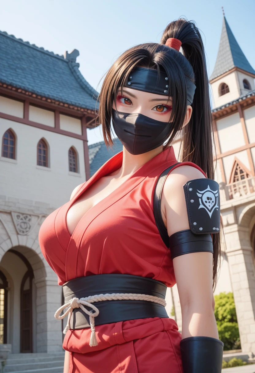 score_9,score_8_up,score_7_up,(pastel-color),(high brightness colors),Cute 20-year-old Japanese 1 girl,solo,(8k, masterpiece, ultra-detailed, best quality, ultra high res, newest, very aesthetic, absurdres, illustration, perfect composition),(hires),looking at viewer,black hair,shiny skin,fair skin,(upper body:1.5),toothless smilev,emphasizing her curvy body and large breasts,(ninja:1.5),(ninja mask:1.3),A sexy female ninja in a tight red ninja outfit, perfectly clinging to her body as she raises one leg, seductive smile, background of a castle lit by fire