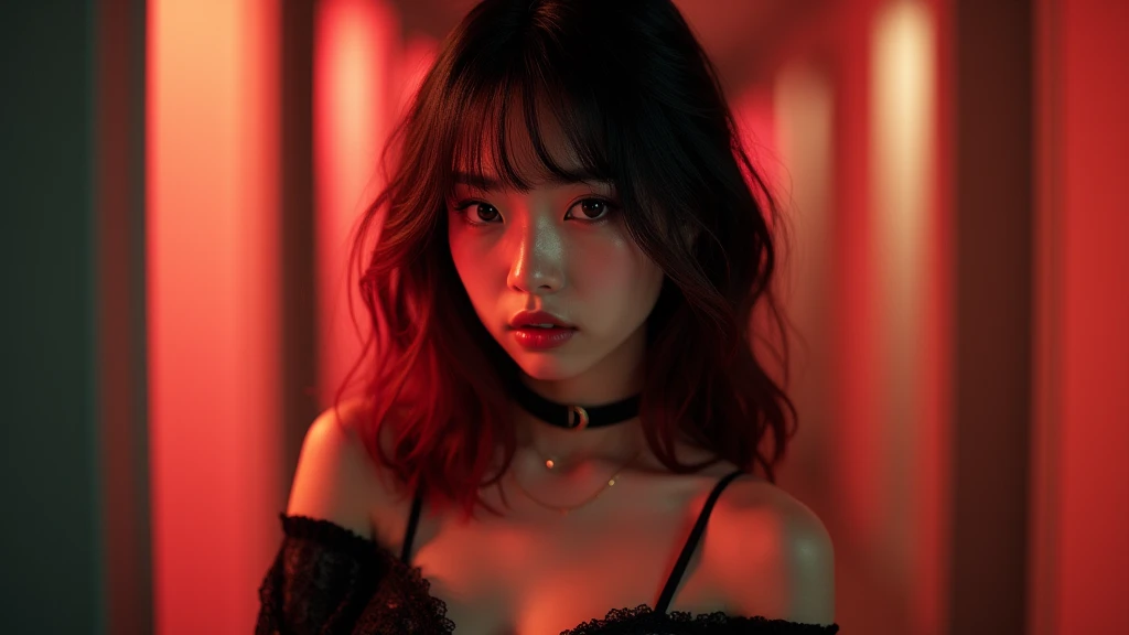 One person、In your 20s、((Beaver))、(((Black Hair, Red dip dyed hair)))、((bangs))、(Photorealistic:1.2)、In 8K、(High Quality Shadows)、(Attractive look)、Beautiful and delicate face、Beautiful and delicate eyes with details、Cute K-Pop Idols、(Korean Ulsan Face)、(Ulzzang-6500-v1.1:0.6)、Purelos Face_v1、(Looking at the view)、Glow Eye、Perfect body、((Strong light))、(choker)、((Brown eyes))、((Beautiful fingers))、 Shiny Hair、The description of Beautiful and delicate hair、(Glowing Skin)、((Black see-through dress))、corridor、 (evening)、Background Blur、Cinema lighting、Bold sexy pose,Digital single-lens reflex camera,(8K quality,Tabletop,Highest quality,Ultra-high resolution output images,),Intricate details,(High-definition raw photos:1.3),(Picture Mode Ultra HD),squat