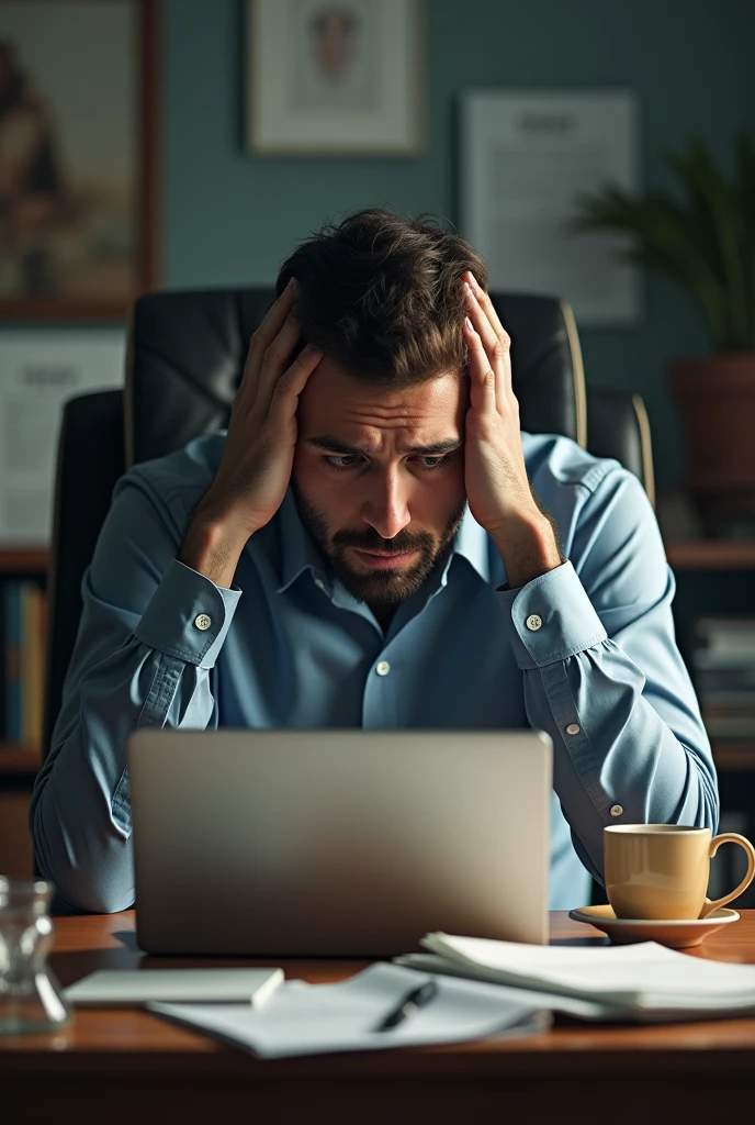 A Manager Setting on a Chiar and Table with a Laptop He Suffer to make a Discission. 
