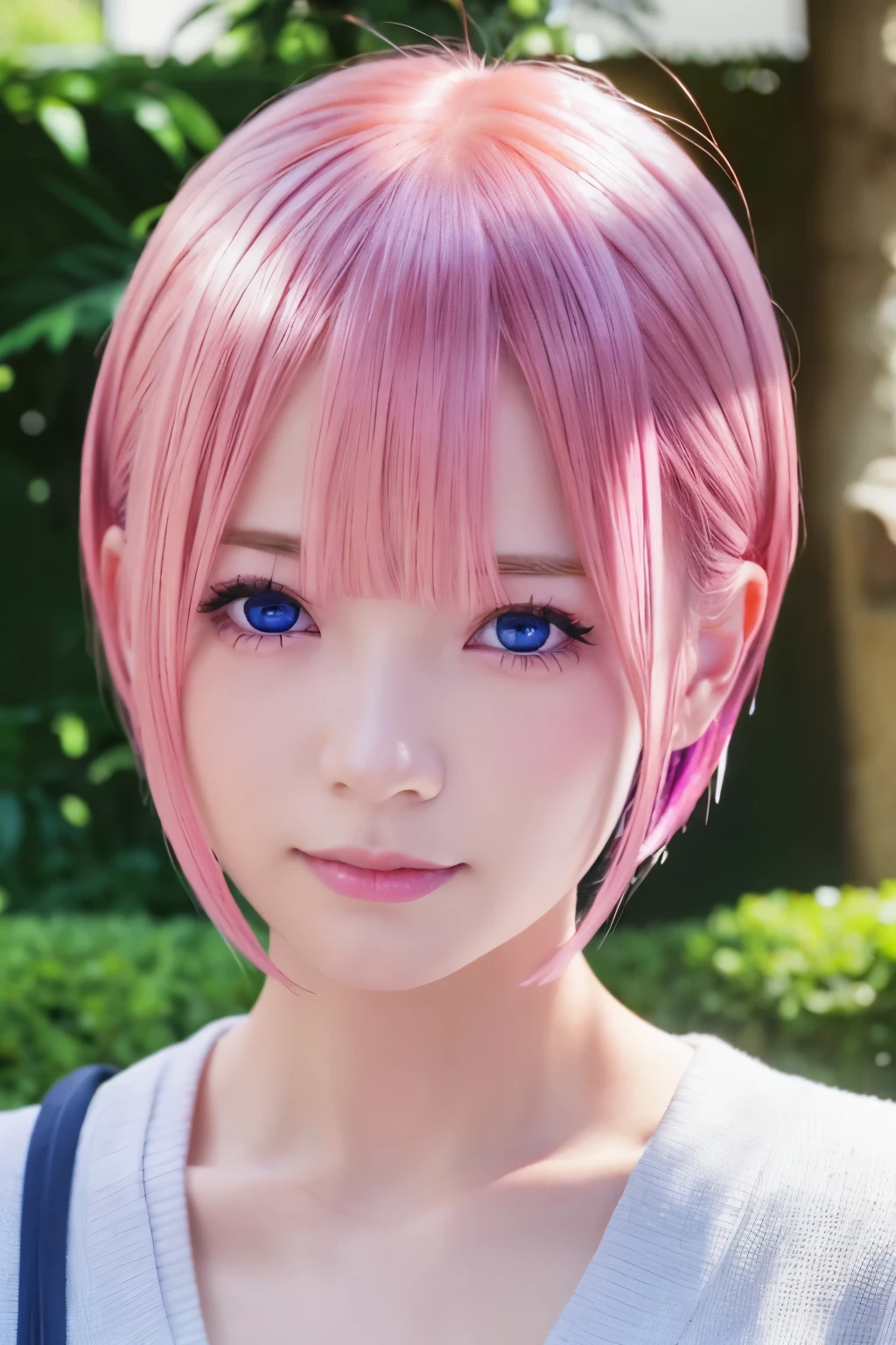 ichika nakano, short hair, bangs, blue eyes, hair ween eyes, pink hair,三つ編み