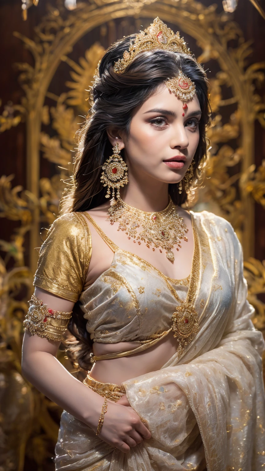 ((Best quality, 8k, Masterpiece :1.3)), Sharp focus :1.2, Generate a realistic image of a beautiful sexy Indian woman dressed in a white Kasava saree, adorned with traditional ornaments, standing in a well-lit room with cinematic lighting. ((Front view, random elegant pose)), and there is a sense of grace and elegance in her posture. The background should complement the scene, enhancing the overall aesthetic appeal of the image. Photography by Brandon Woelfel, Full shot: Canon EF 16-35mm f/2.8L III USM lens on a Canon EOS 5D Mark IV camera, ultra realistic, 32k, HD