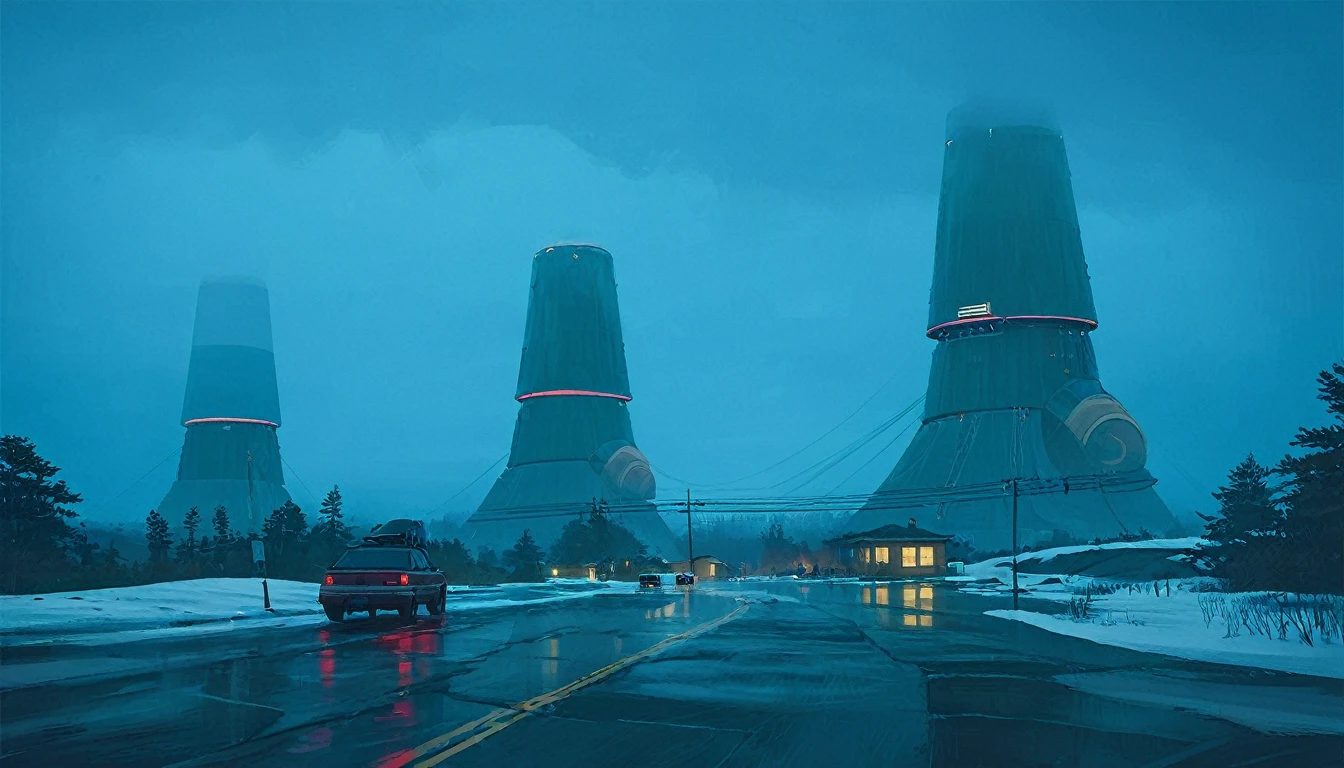 (lora:21Stalenhag:1),(masterpiece), (best quality), (ultra-detailed), (best illustration), (best shadow), (absurdres),((draw by Simon Stlenhag)), ((draw by Simon Stlenhag)), Simon Stlenhag style,SIMON STÅLENHAG, A rainy, dystopian cityscape viewed through a window with raindrops. In the distance, towering, futuristic advertising towers dominate the skyline, each covered in massive digital billboards displaying various logos, brands, and characters. The sky is a muted teal, casting a surreal atmosphere over the scene. The towers are interconnected by numerous thin cables, and below them, a sea of small suburban houses stretches out. The overall mood is one of futuristic, corporate domination over a residential area, A rainy evening scene on a highway, where cars drive toward a massive, futuristic tower in the distance. The view is through a windshield speckled with raindrops, creating a blurred, reflective effect. The tower is illuminated with red lights that glow ominously in the misty blue-green atmosphere. Thin cables extend from the tower into the foggy sky, adding to the sense of scale and mystery. The wet road reflects the tower's lights, emphasizing the moody and sligh A calm winter scene in a suburban neighborhood covered in snow. Above the houses, massive futuristic airships with glowing lights hover silently, casting a blue-green hue across the evening sky. A person dressed in warm clothing stands in the snow, holding packages, and gazing up at the airships in awe. The street is quiet, with footsteps visible in the snow leading to the houses, one of which has lights on, indicating warmth inside, A serene, dystopian landscape at dusk, featuring a vast, open field leading to a dark forest. In the background, towering, futuristic buildings with complex, stacked structures rise above the trees, glowing with blue and warm lights. A lone SUV drives on a narrow dirt road towards the forest, creating a sense of isolation. The sky is overcast with a cold, bluish hue