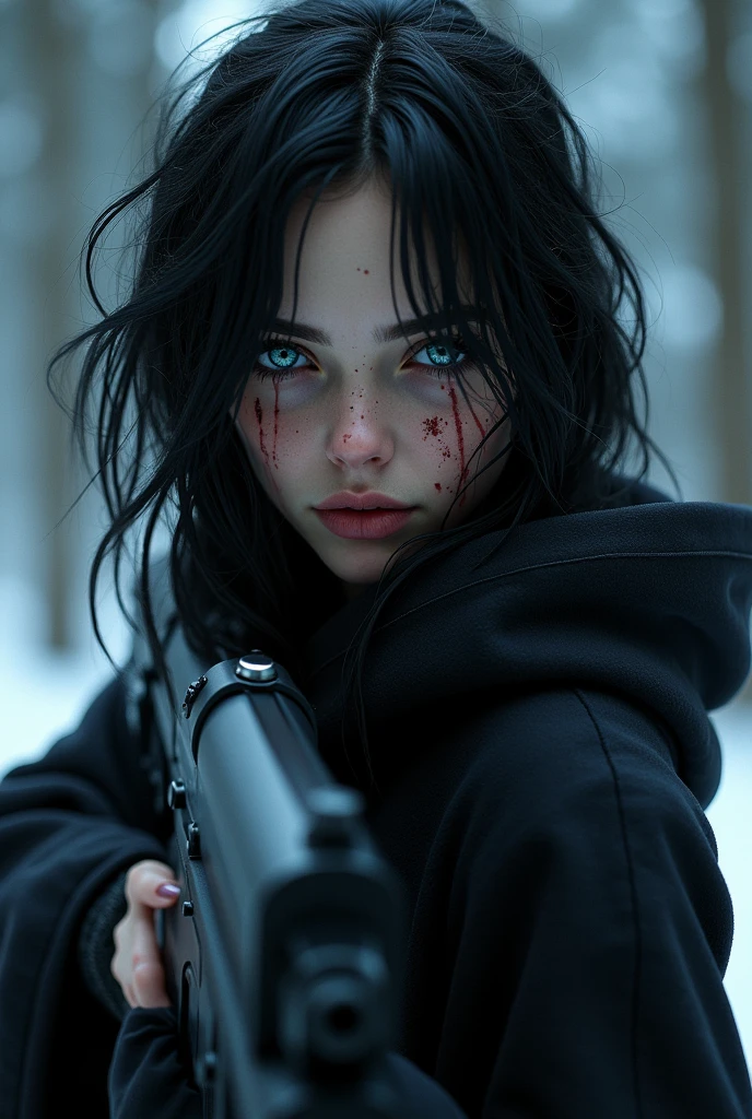 Yael Shelbia with Long disheveled jet black hair, (bright sapphire blue eyes), female, (detailed eyes), full lips, dressed in black robe, (holding a machine gun, had blood on her face, and some cuts) dark and dynamic pose, (8k, RAW photo, photorealistic), (lots of eyelashes, best quality, ultra high resolution, depth of field, wide light, natural color, picture from a distance, hair with many details, beautiful, ana de armas, medium breasts, 8k artgerm bokeh, fanart best artstation, photorealistic render, guweiz style art, inspired by WLOP, ig | artgerm model, deviantart artstation cgscosiety, dark forest background, forest view with snow, full image, full body.