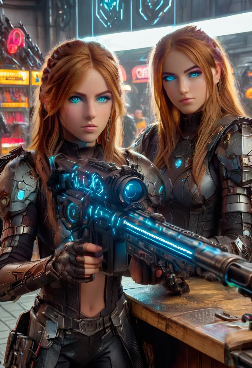 cyberpunk Marketplace, full body portrait of beautiful young teenager Katarina Evangeline Kemppainen, tanned, amber eyed, with make up, blush, eyeliner, long highlighted ginger hair, huge breasted, thin waist, Twin girls with with long fauxhawk hair, behind counter of market place stall, holding rifles, cyberpunk robots in background, wearing cyberpunk armor, cinematic, movie still, high quality photograph