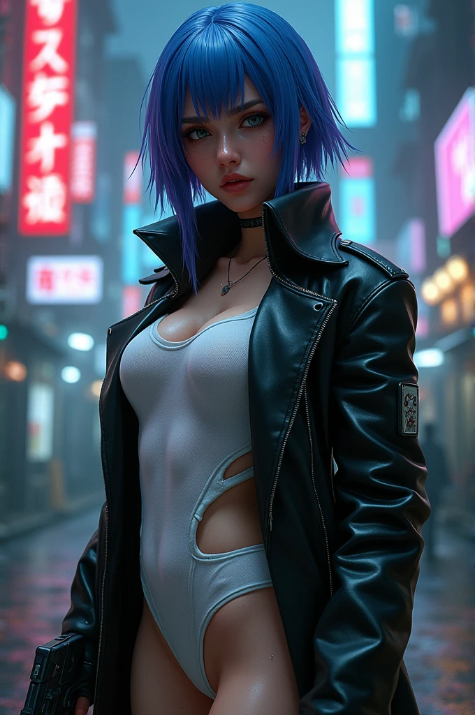 30 yo,realistic woman ,blue-purple hair,Scarlett Johansson in Ghost in the Shell,Public Security,(1 girl),realistic ghost in the shell with guns,Wearing a white Fishnet tights and long trench leather coat,(beautiful eyes:1.2),(beautiful face:1.3),(detailed face:1.3),(smile),(muscular:1.1),(sensual:1.3),(thick thighs:1.2),(Body moistened with sweat),(background is black:1.5),(blur background:1.2),(master piece,highest quality,ultra high resolution,Super detailed,8K),wallpaper,The background is Cyberpunk City