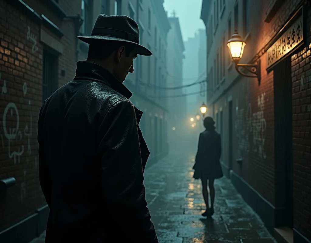 1. Overall Atmosphere
Theme: The title screen should strongly convey the mood of a 1920s detective story set in New York, with a blend of the supernatural elements from the Cthulhu Mythos and the dark mystery of the noir genre. The scene is centered around a grim and foreboding ambiance, yet detailed with refined elements that reflect the sophistication of the time.
2. Background
New York Street: The background depicts a rainy, shadowy alley in 1920s New York. The street is lined with old, brick buildings on both sides, and dim streetlights cast faint glows over the wet cobblestones. The streetlights flicker weakly, leaving much of the alley engulfed in darkness. The ground is slick with rainwater, pooling in small puddles that reflect the dim, flickering light of a distant neon sign, creating an eerie, distorted image.
Alleyway: On the left side of the screen, a narrow, shadowy alleyway extends into the darkness, shrouded in thick fog. The alley seems to pull you in, suggesting an ominous presence lurking just out of sight. The brick walls are covered in graffiti and strange symbols, some of which are cryptic signs connected to the ancient gods, hinting at the ominous forces at play in this world.
3. Central Figures
The Detective: At the center of the scene stands a shadowy figure of a private detective. He wears a fedora pulled low over his face and a trench coat with the collar turned up, partially obscuring his features. His coat glistens with rainwater, and he is poised in a tense, guarded stance as he gazes down the alley. His face is partially illuminated by the streetlight, but much of it remains in shadow, adding to the air of mystery. In one hand, he holds a cigarette, the smoke rising in thin wisps that blend with the fog, further obscuring his features.
The Woman: Opposite the detective, a mysterious woman stands, reminiscent of Emilia Hart. Unlike the detective, she is clearly visible, with soft lighting accentuating her striking features. She has shoul