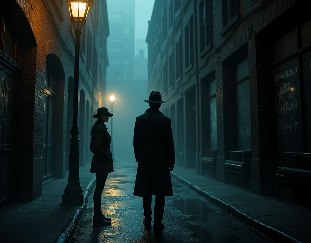 1. Overall Atmosphere
Theme: The title screen should strongly convey the mood of a 1920s detective story set in New York, with a blend of the supernatural elements from the Cthulhu Mythos and the dark mystery of the noir genre. The scene is centered around a grim and foreboding ambiance, yet detailed with refined elements that reflect the sophistication of the time.
2. Background
New York Street: The background depicts a rainy, shadowy alley in 1920s New York. The street is lined with old, brick buildings on both sides, and dim streetlights cast faint glows over the wet cobblestones. The streetlights flicker weakly, leaving much of the alley engulfed in darkness. The ground is slick with rainwater, pooling in small puddles that reflect the dim, flickering light of a distant neon sign, creating an eerie, distorted image.
Alleyway: On the left side of the screen, a narrow, shadowy alleyway extends into the darkness, shrouded in thick fog. The alley seems to pull you in, suggesting an ominous presence lurking just out of sight. The brick walls are covered in graffiti and strange symbols, some of which are cryptic signs connected to the ancient gods, hinting at the ominous forces at play in this world.
3. Central Figures
The Detective: At the center of the scene stands a shadowy figure of a private detective. He wears a fedora pulled low over his face and a trench coat with the collar turned up, partially obscuring his features. His coat glistens with rainwater, and he is poised in a tense, guarded stance as he gazes down the alley. His face is partially illuminated by the streetlight, but much of it remains in shadow, adding to the air of mystery. In one hand, he holds a cigarette, the smoke rising in thin wisps that blend with the fog, further obscuring his features.
The Woman: Opposite the detective, a mysterious woman stands, reminiscent of Emilia Hart. Unlike the detective, she is clearly visible, with soft lighting accentuating her striking features. She has shoul