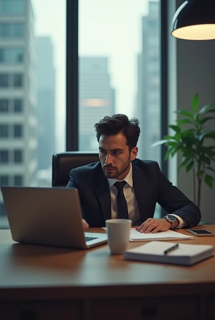 A Manager Setting on a Chair and Table with a Laptop He Suffer to make a Discission. 
