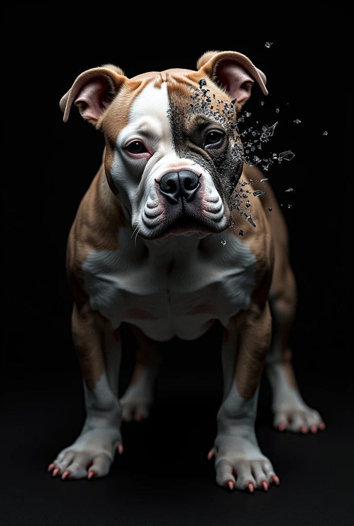 Image of an American Bully dog with a palette of 4 colors, with half of the face in skeleton, make it look realistic, with broken glass details, on black background