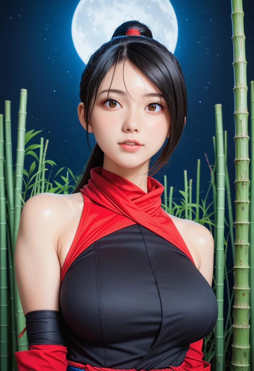 score_9,score_8_up,score_7_up,(pastel-color),(high brightness colors),Cute 20-year-old Japanese 1 girl,solo,(8k, masterpiece, ultra-detailed, best quality, ultra high res, newest, very aesthetic, absurdres, illustration, perfect composition),(hires),looking at viewer,black hair,shiny skin,fair skin,(upper body:1.5),toothless smilev,emphasizing her curvy body and large breasts,(ninja:1.5),A sexy female ninja in a tight black ninja outfit, perfectly fitted to emphasize her curves, sharp gaze while holding shurikens, background of a full moon and bamboo grove