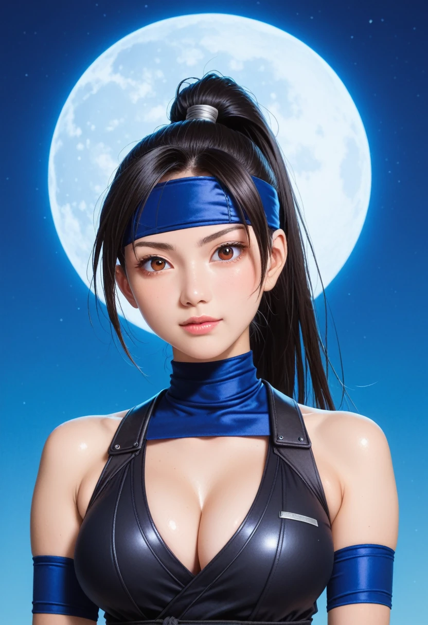score_9,score_8_up,score_7_up,(pastel-color),(high brightness colors),Cute 20-year-old Japanese 1 girl,solo,(8k, masterpiece, ultra-detailed, best quality, ultra high res, newest, very aesthetic, absurdres, illustration, perfect composition),(hires),looking at viewer,black hair,shiny skin,fair skin,(upper body:1.5),toothless smilev,emphasizing her curvy body and large breasts,(ninja:1.5),A sexy female ninja in a tight black ninja outfit, perfectly fitted to emphasize her curves, sharp gaze while holding shurikens, background of a full moon and bamboo grove