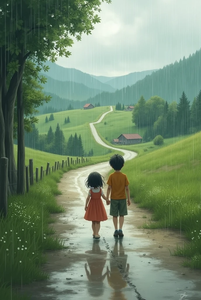 A boy and girl walking hand in hand on road in rainy season by