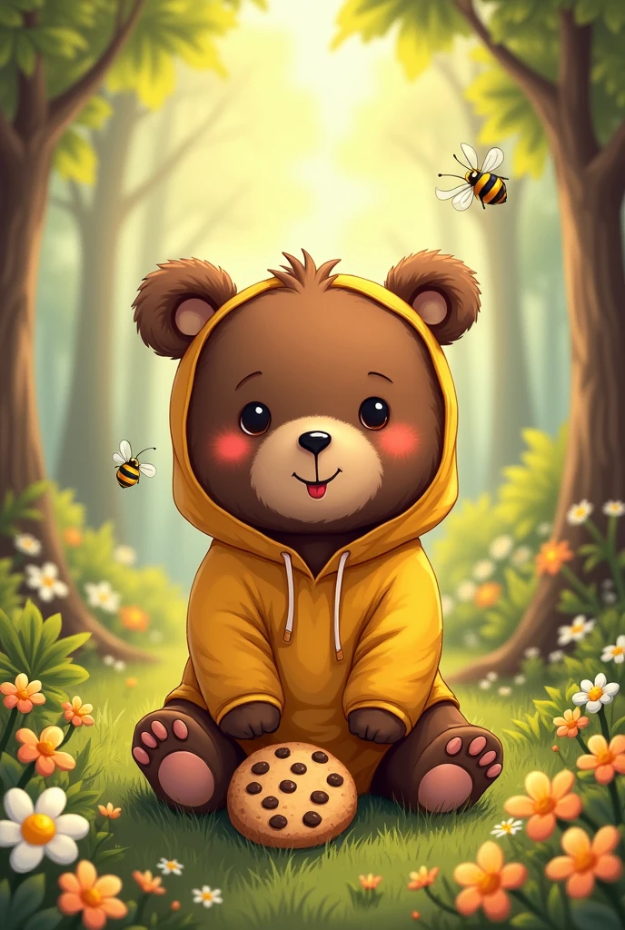 Smiling brown bear cub、Yellow hoodie、Round ears、cute、Chocolate Chip Cookies、in the forest、Bees flying around、There are flowers on the ground、Friendly atmosphere、High resolution、Handwritten style