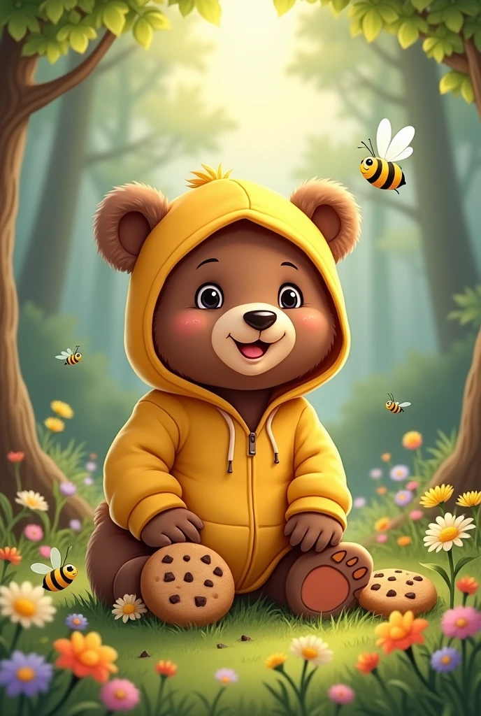 Smiling brown bear cub、Yellow hoodie、Round ears、cute、Chocolate Chip Cookies、in the forest、Bees flying around、There are flowers on the ground、Friendly atmosphere、High resolution、Handwritten style