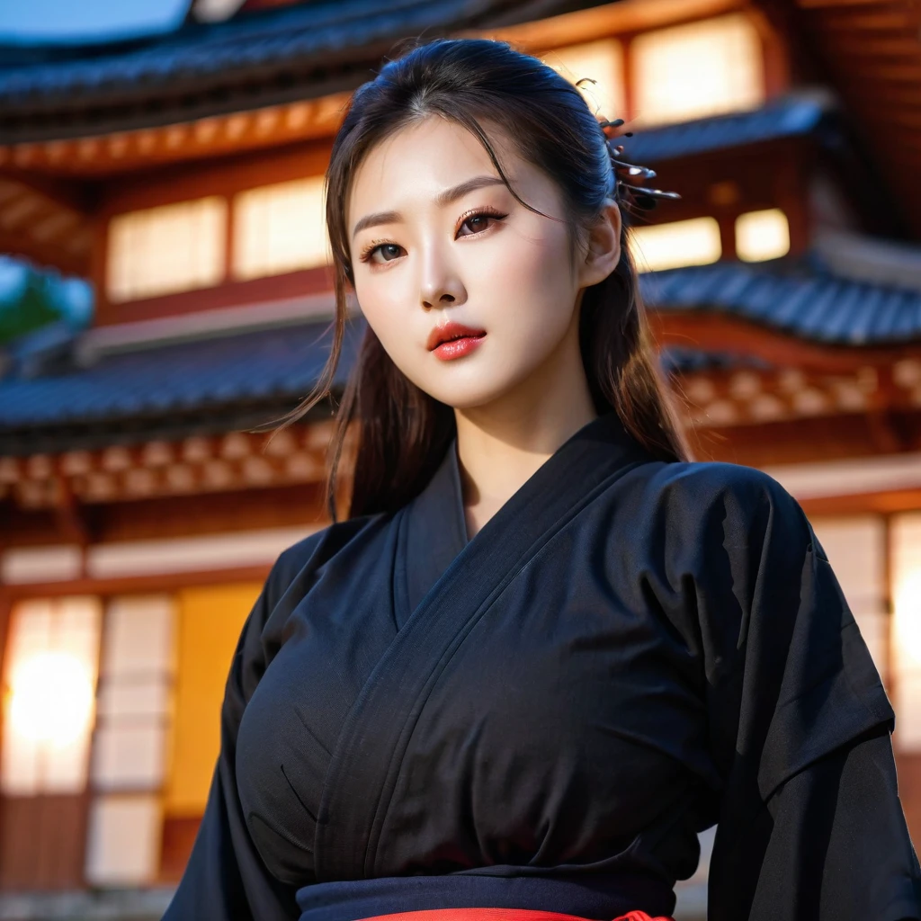 Beautiful Korean woman close-up, 34 inch breast size, Wearing a ninja costume, at a Japanese temple, night, Bokeh Background, Ultra-high resolution,Fair skin,Beautiful big breasts,tall,Half Japanese and half Russian,Must be created by only one woman